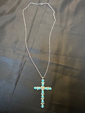 Sterling Silver Chain w/ Turquoise Cross Pendant Southwest Style